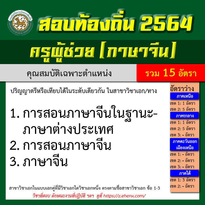 สอบท้องถิ่น 2564 ครูผู้ช่วย (ภาษาจีน) รวม 15 อัตรา * ข่าวงานราชการเปิดสอบ  2566-2567